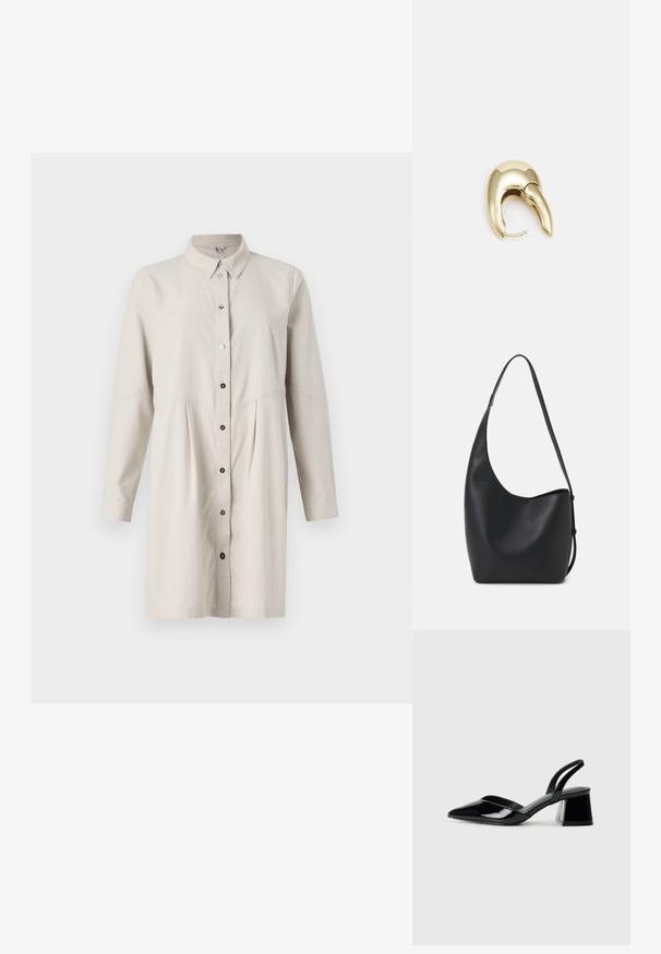 Kerge beež nööbitav kleit kraega, pikkade varrukatega ja volditud vöökohtadega. Ees on mustad nööbid kinnitamiseks.; Mustad musta lakknahk kingad, millel on terav varvas ja geomeetriline plokkkonts. Omab elegantselt minimalistlikku disaini ja sujuvat tekstuuri.; Mustast nahast hobo kott, millel on sile tekstuur, kumer kuju ja üks reguleeritav rihm; peal on lai avaus.; Kuldtooni metallist kõrvarõngas, millel on elegantne ja kaarjas disain. Omab silmapaistvat teravat kuju, poleeritud pinda ja hingesulgemist.