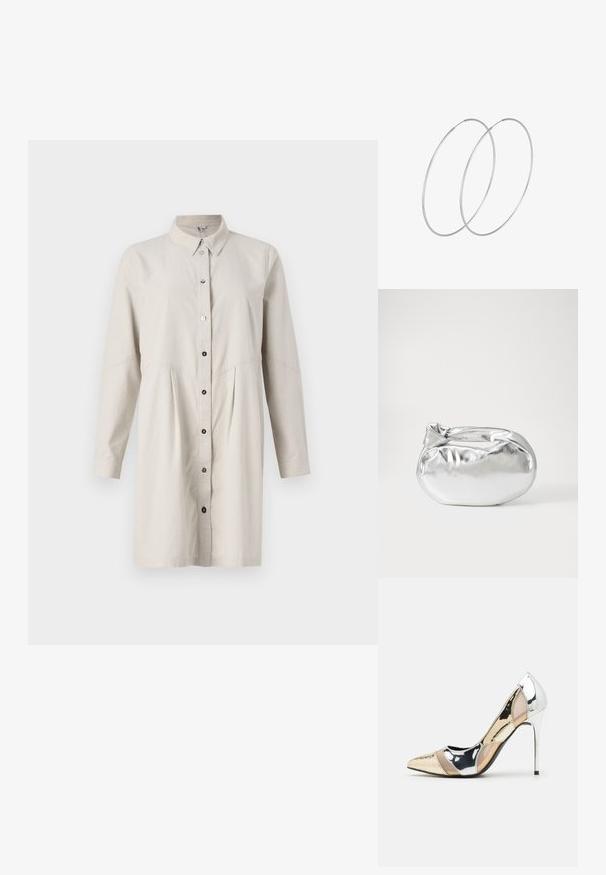 Gai bēšas pogām apģērbs ar apkakli, garām piedurknēm un plisētām jostasvietām. Priekšpusē ir melnas pogas aizdarei.; Apspīlēta augstpapēžu kurpe ar zeltītu, sudrabi un neitrālu krāsu kombināciju. Spīguļojoša virsma ar izgriezuma dizainu, aprīkota ar stiletto papēdi.; Sudraba metāliska poga somiņa ar mīkstu, noapaļotu formu un mezgla augšējo aizdari. Izgatavota no gludas mākslīgās ādas materiāla.; Sudraba gredzenveida auskari ar minimālistisku dizainu. Cirkulāra forma, gluda tekstūra un plāns profils. Vieglu svaru ar spīdīgu apdari.