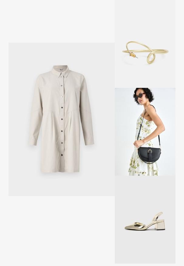 Kerge beež nööbitav kleit kraega, pikkade varrukatega ja volditud vöökohtadega. Ees on mustad nööbid kinnitamiseks.; Kuldne, metallilised slingback-kudumid terava varba ja paksu kontsaga. Sile tekstuur, minimalistlik disain ja kitsas rihm.; Mustmust mustraha kõverate joontega, eemaldatava rihmaga ja kuldsete detailidega. Kotil on klapp, millel on pandladetail.; Kuldne metallist käevõru, millel on voolav ja kõver disain. Ühel otsal on väike, silmapaistev hõbedane aktsent.