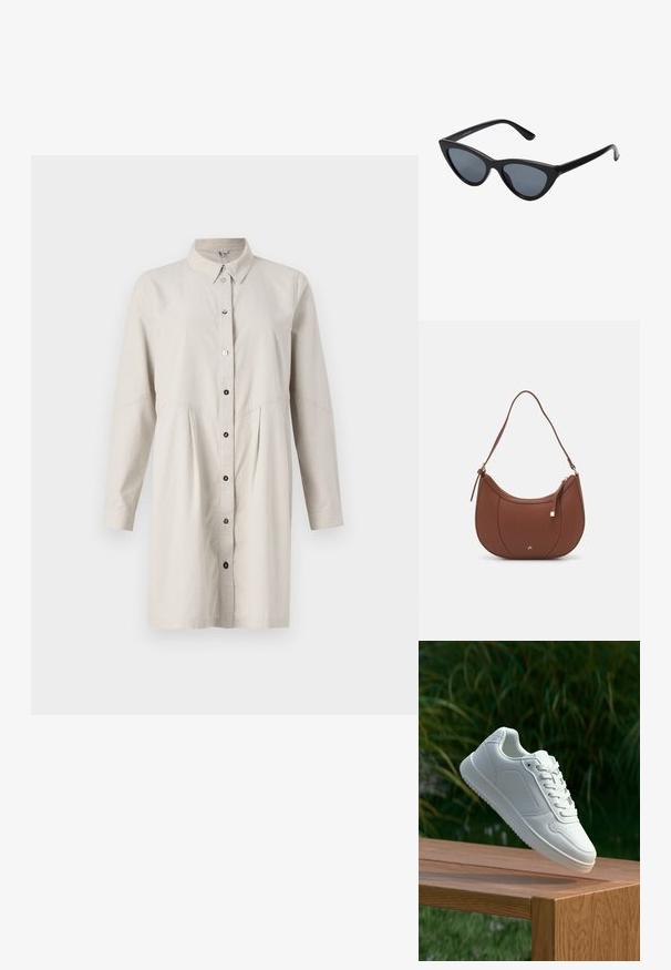 Gai bēšas pogām apģērbs ar apkakli, garām piedurknēm un plisētām jostasvietām. Priekšpusē ir melnas pogas aizdarei.; Baltie sporta apavi ar gludu sintētisku augšpusi, perforētu pirkstu daļu, plakani šņorēm un rakstainu zoli, novietoti uz koka virsmas.; Melna kaķa acs stila saulesbrilles ar tumši pelēkiem objektiem, slaids plastmasas rāmis, norādīti stūri un taisni kāti. Nav redzamu detaļu vai akcentu.; Brūns mākslīgās ādas pleca soma ar izliekta forma, minimāls šuvums un zelta toņa aparatūras akcenti. Aprīkota ar augšējo rāvējslēdzēju un regulējamu siksnu.