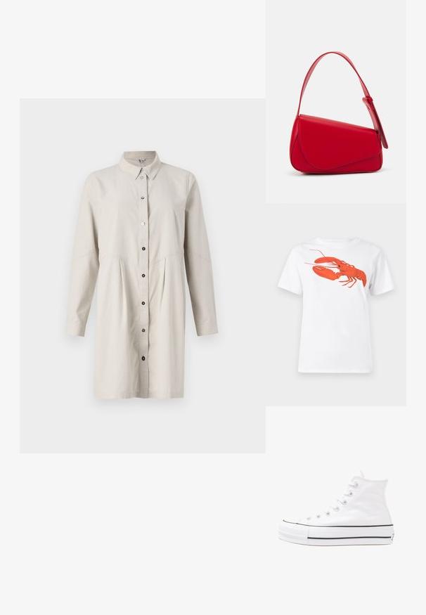 Svetlo béžové šaty na gombíky s golierom, dlhými rukávmi a plisovaným pásom. Má čierne gombíky pozdĺž prednej časti na zapínanie.; Biely bavlnený tričko s veľkým, jasne červeným grafickým zobrazením homára na prednej strane. Krátke rukávy a štandardný dizajn s okrúhlym výstrihom.; Biele vysoké plátené tenisky s čiernou gumovou podošvou, prednou gumovou špičkou a šiestimi okami na šnúrky, s čistým, minimalistickým dizajnom.; Červená kožená kabelka s ostrým, geometrickým dizajnom. Má jeden nastaviteľný popruh a uzatváranie na klopu so šitím.