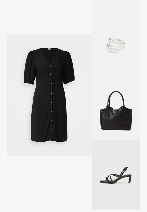 Gap Tall V BUTTON FRONT DRESS - Abito a camicia - black; Sandalo nero con cinturini, dalla punta squadrata e tacco basso a blocco. Presenta diversi cinturini sottili e una cinturini regolabile alla caviglia. Realizzato in pelle liscia.; Borsa tote in pelle nera con texture liscia, forma strutturata, due manici e un evidente dettaglio in fibbia argentata sul davanti.; Anello doppio in argento con superficie liscia e lucida. Presenta un design fluido e curvo con sezioni sovrapposte per un aspetto moderno.