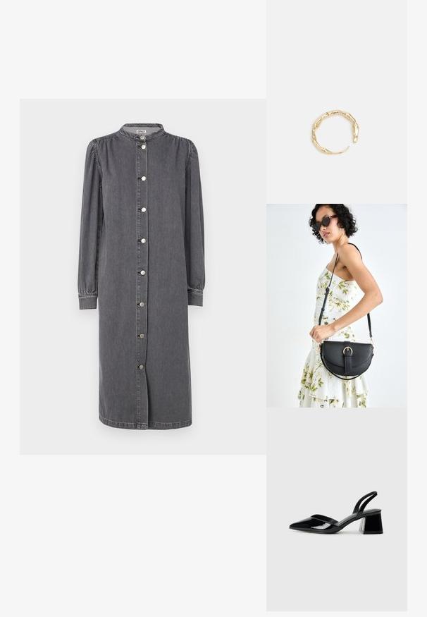 Dlhý rukáv, košeľová šaty vyrobené z šedej denim. Má stojatý golier, bočné rozparky a nariasené rukávy s elastickými manžetami.; Čierne lakované kožené sandálové podpätky s špicatou špičkou a geometrickým blokovým podpätkom. Disponujú elegantným, minimalistickým dizajnom a hladkým povrchom.; Čierna kožená kabelka s zaobleným tvarom, odnímateľným popruhom a zlatými doplnkami. Kabelka má klopu s detailom s prackou.; Prsteň v zlatej farbe s organickým, skrúteným dizajnom, hladkým povrchom a zužujúcimi sa koncami, vytvárajúci moderný, sochársky vzhľad.