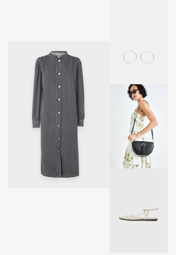 Ilgų rankovių, mygtukais segamas suknelė iš pilkos džinsinės medžiagos. Turtinga stovianti apykaklė, šoninės plyšiai ir pūkuotos rankovės su elastingais raštai.; Bežiniai plokšti sandalai su keliais lieknais dirželiais ir reguliuojamu užsegimu. Padas plokščias, su lengvu tamsiu kontrastu krašte.; Juodas odinis krepšys su išlenkta forma, nuimamu dirželiu ir auksiniais detalėmis. Krepšys turi kilpą su sagtimi.; Sidabrinės auskarai žiedai su sėslia, apvalia forma, pasižymintys lygia paviršiumi ir be matomų puošmenų. Svoris nenurodytas.