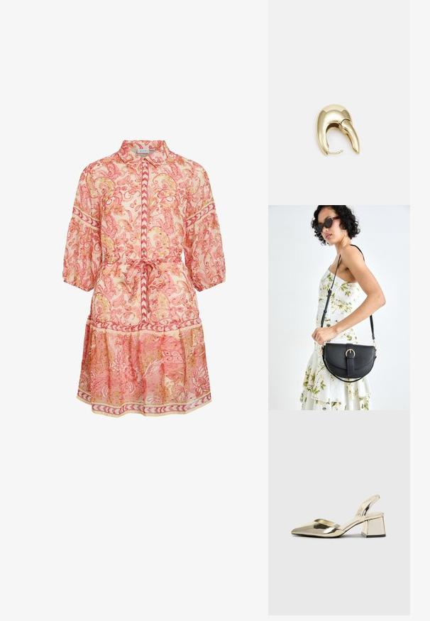 Prosojna roza obleka s paisley vzorcem, s tremi četrtinami rokavi, gumbom spredaj, pasom in večplastnim krilom z vzorčastim robom.; Zlati, kovinski slingback čeveljci z ostrim nosom in masivnim peto. Gladka tekstura, minimalistična zasnova in ozka zanka.; Črna usnjena torbica s ukrivljeno obliko, z odstranljivo naramnico in zlatimi dodatki. Torbica ima pokrov s podrobnostmi v obliki zaponke.; Uhane nakit iz zlatastega tona z gladko, ukrivljeno zasnovo. Ima edinstveno koničasto obliko, polirano površino in zaponko s tečajem.