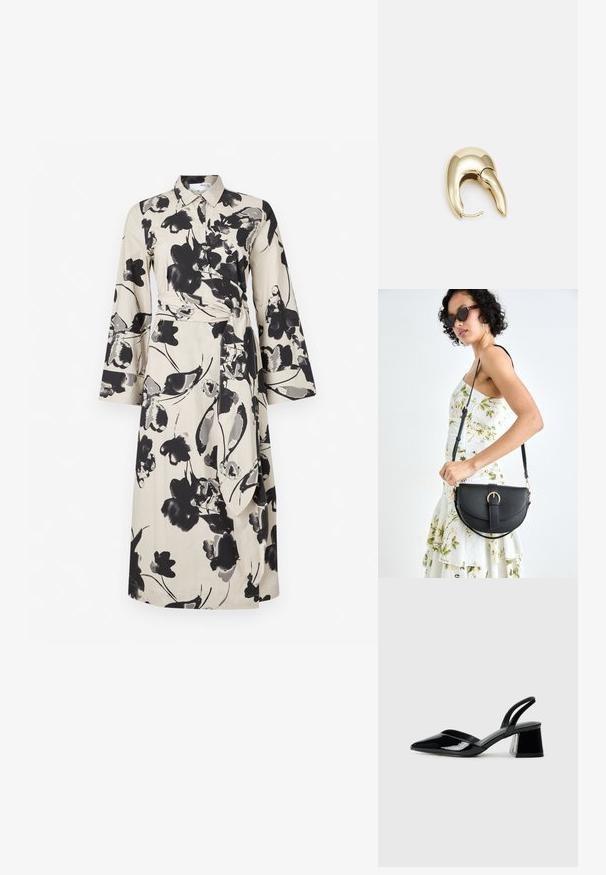 Květinové šaty z béžové látky s černými květinovými potisky, dlouhými rukávy, límečkem a přivázaným pasem pro vymezený tvar.; Černé lakované kožené lodičky na pásku s špičatou špičkou a geometrickým blokovým podpatkem. Vyznačují se elegantním, minimalistickým designem a hladkým povrchem.; Černá kožená kabelka s křivkovým tvarem, odnímatelným popruhem a zlatými detaily. Kabelka má klopu s přezkou.; Náušnice ve zlatém tónu z kovu s elegantním zakřiveným designem. Vyznačují se jedinečným špičatým tvarem, lesklým povrchem a závěsem na kloub.