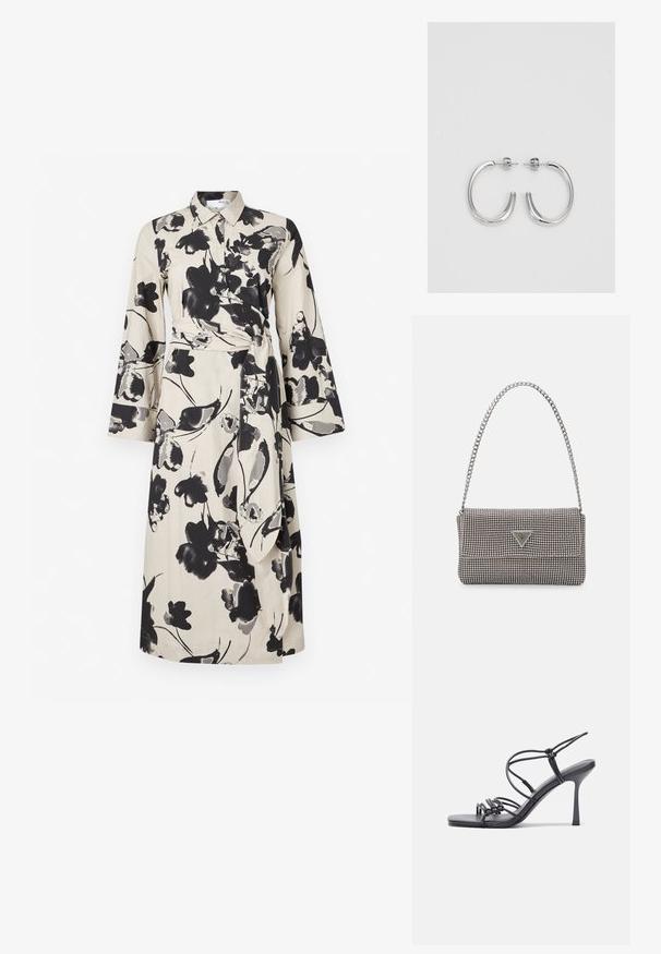 Kukkaprintillä varustettu beige kangasmekko, jossa on pitkät hihat, kaulus ja sidottu vyötärö, joka luo määritellyn siluetin.; Mustat korkokengät sandaalit, joissa on ohuet hihnat solmittuna, sileä neliön muotoinen varvasosa ja tyylikäs stiletto-korko.; Vaalea harmaa metallinen käsilaukku, jossa on ketjusanka. Laukku on koristeltu pienillä pyöreillä metallikoruilla ja kolmion muotoisella brändilogolla.; Hopeiset korvarenkaat, joissa on sileä ja kiiltävä pinta, kaareva muoto ja piikkikiinnitys. Minimalistinen muotoilu modernilla viimeistelyllä.