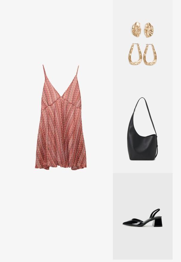 Robe légère à motifs rouges et roses avec des bretelles spaghetti réglables, un décolleté en V et un design ample et fluide.; Escarpins en cuir verni noir avec bout pointu et talon bloc géométrique. Présente un design élégant et minimaliste ainsi qu'une texture lisse.; Sac hobo en cuir noir avec une texture lisse, une forme incurvée et une seule sangle réglable ; dispose d'une large ouverture en haut.; Boucles d'oreilles dorées présentant des formes texturées et ondulées. Comprend des clips sculpturaux et un design de créoles ouvertes avec une finition martelée.