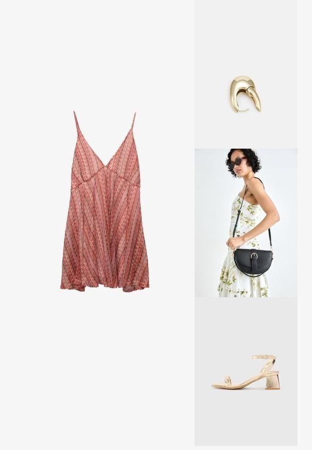 Rochie ușoară, cu un imprimeu roșu și roz, cu bretele subțiri reglabile, decolteu în formă de V și un design lejer, fluid.; Sandal cu toc metalizat auriu, cu un toc bloc unghiular, două curele deasupra piciorului și o curea ajustabilă la gleznă. Textură netedă.; Geantă din piele neagră, cu o formă curbată, curea detașabilă și accesorii aurii. Geanta are un capac cu un detaliu tip cataramă.; Cercei din metal de culoare aurie cu un design elegant și curbat. Prezintă o formă distinctivă, ascuțită, o suprafață lustruită și un sistem de închidere cu balama.