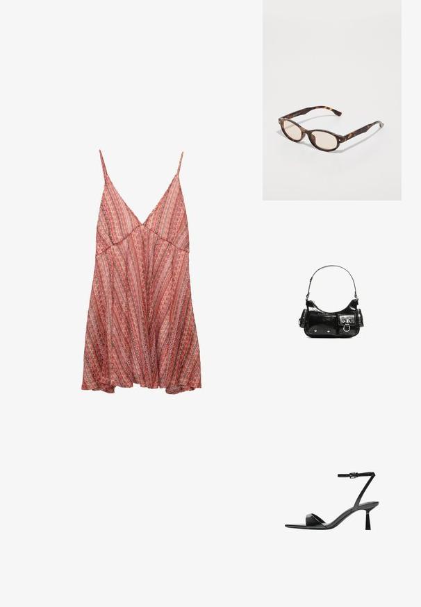 Lichtgewicht, rode en roze gestipte jurk met verstelbare spaghettibandjes, een V-halslijn en een losse, flowy sluiting.; Bershka Sandalen met hoge hak - black; Schildpadbril met een ronde vorm en lichte lenzen. Heeft stevige armen met kleine gouden accenten, gemaakt van plastic materiaal.; Zwarte laarzen in lakleer met een gebogen vorm, één schouderband, voorvakken en accenten in zilverkleurig metaal.