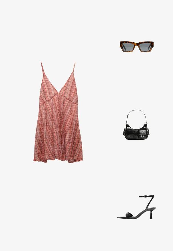 Leichter, rot und pink gemusterter Kleid mit verstellbaren Spaghetti-Trägern, einem V-Ausschnitt und einem lockeren, fließenden Design.; Bershka High Heel Sandalette - black; Schildpatt-Sonnenbrille mit eckigen Rahmen, grauen Gläsern und einer glatten Oberfläche. Verfügt über ein mutiges geometrisches Design und dicke Bügel.; Schwarze Lackleder-Handtasche mit geschwungenem Design, einem Schulterriemen, Vordertaschen und silberfarbenen Hardware-Akzenten.