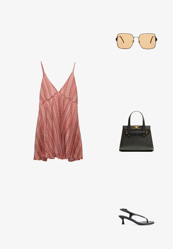 Ľahké šaty s červeným a ružovým vzorom, nastaviteľnými ramienkami, V-výstrihom a voľným, splývavým strihom.; Čierne kožené sandále s elegantným dizajnom, tenkými popruhmi a nízkym podpätkom. Obsahujú kovovú sponu a hladký, textúrovaný stielku.; Štvorcové slnečné okuliare s hnedými sklami a tenkým čiernym kovovým rámom. Vlastnosti zahŕňajú šikmé ramienka a nastaviteľné nosové podložky pre väčšie pohodlie.; Čierna textúrovaná taška s krátkymi uchami, s kovovým zapínaním a akcentmi v zlatej farbe. Dizajn je štruktúrovaný, s geometrickým siluetou.