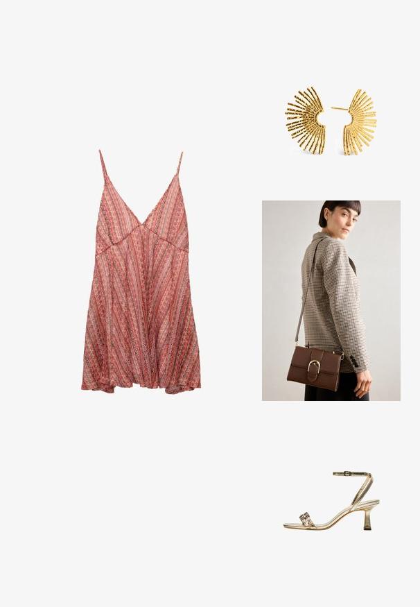 Vestito leggero con un motivo rosso e rosa, spalline regolabili, scollatura a V e un design ampio e fluido.; Sandalo alto in metallo dorato con cinturino alla caviglia, due bande frontali strette e tacco a blocco. Presenta decorazioni ornamentali.; Borsa a tracolla in pelle marrone con una fibbia in metallo dorato, forma rettangolare, texture liscia e tracolla rimovibile.; Orecchini color oro con design a forma di ventaglio. Presentano raggi allungati e testurizzati che si irradiano da un centro aperto, offrendo un aspetto geometrico audace.