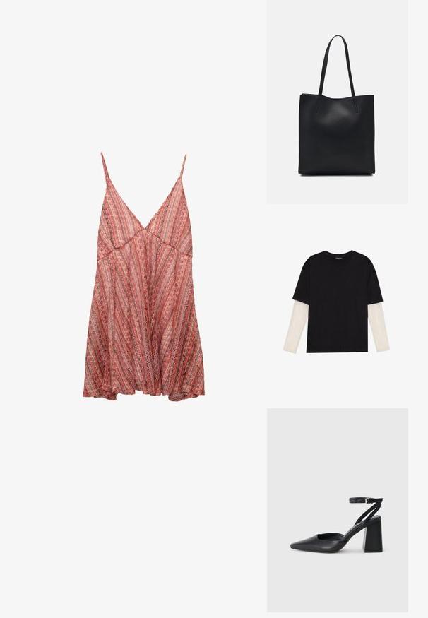 Lichtgewicht, rode en roze gestipte jurk met verstelbare spaghettibandjes, een V-halslijn en een losse, flowy sluiting.; Zwarte T-shirt van katoen, met korte mouwen over een witte lange mouw laag met een subtiel textuurpatroon. Ronde hals ontwerp.; Zwarte leren puntige pump met een enkelbandje en een chunky hak. Vlakke textuur, strakke vormgeving en minimalistische esthetiek.; Zwarte leren handtas met een gladde textuur, rechthoekige vorm en twee lange handvaten. Geen zichtbare hardware of versieringen.