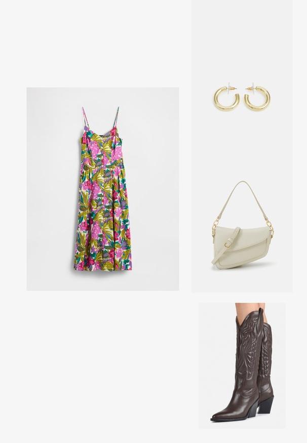 Mouwloze midi-jurk met dunne bandjes, knoopsluiting aan de voorkant en een sprankelende bloemenprint in roze, groen, teal en paars op een witte achtergrond.; Bruine leren cowboylaarzen met een spitse neus en blokhak, voorzien van gedetailleerde stiksels en verhoogde accenten op de schacht.; Kleine crèmekleurige handtas met een textuurafwerking, een lange verstelbare schouderband, een kettingaccent en een klepsluiting. Gouden hardware-details.; Gouden creolen met een gladde, glanzende afwerking. Circulaire vormgeving met een kleine post en een doorzichtige achterkant voor een veilige draagervaring.