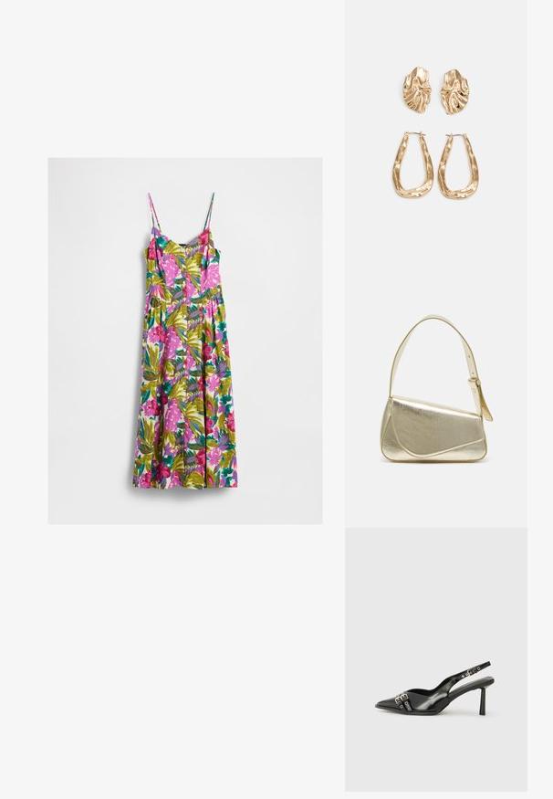 Maksi haljina bez rukava s tankim trakama, prednjim zatvaranjem na dugmad i živopisnim cvjetnim uzorkom u rozoj, zelenoj, tirkiznoj i ljubičastoj boji na bijeloj pozadini.; Crna lakirana slingback cipela s izduženim vrhom, remenčićima oko gležnja s srebrnim kopčama i dijelovima, te vitkim potplatom.; Zlatna metalna torba s uređenim dizajnom, glatkom teksturom i podesivim remenom. Ima jedinstven trokutasti oblik i minimalističko šivanje.; Naušnice zlatne boje s teksturiranim, valovitim oblicima. Uključuju skulpturalne kopče i dizajn otvorene kružnice s kovanom završnom obradom.