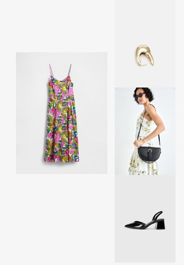 Sømløs midi-kjole med tynde stropper, knaplukning foran og livlig blomsterprint i pink, grøn, teal og lilla på hvid baggrund.; Sorte patentlæder slingback hæle med spids tå og en geometrisk blok hæl. Har et elegant, minimalistisk design og en glat tekstur.; Sort læderhåndtaske med en buet form, aftagelig rem og guldfinish. Tasken har en klap med en spænde detalje.; Guldtonet metal ørering med et slankt, buet design. Har en karakteristisk spids form, poleret overflade og hængselåbning.