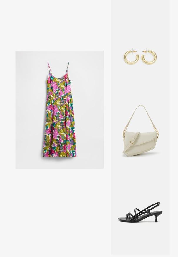 Ärmelloses Midi-Kleid mit dünnen Trägern, knöpfbarem Ausschnitt und lebhaftem Blumenmuster in Pink, Grün, Blaugrün und Lila auf weißem Hintergrund.; Schwarze High Heels Sandalen mit mehreren überkreuzten Riemen. Glattes Material, spitze Zehenpartie und schmaler Absatz. Verstellbarer Knöchelriemen mit Schnalle.; Kleine cremefarbene Handtasche mit strukturiertem Finish, einem langen verstellbaren Tragegurt, einem Kettenakzent und einem Klappenverschluss. Goldene Hardware-Details.; Goldene Creolen mit einer glatten, glänzenden Oberfläche. Zirkuläres Design mit einem kleinen Stecker und einer klaren Rückseite für einen sicheren Sitz.