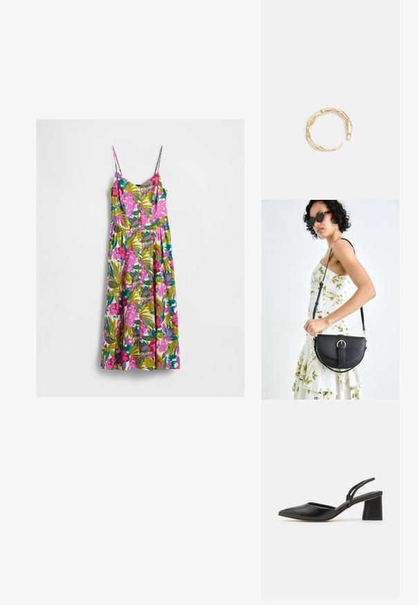 Sleeveless midi dress with thin straps, button-down front, and vibrant floral print in pink, green, teal, and purple on white background.; Black pointed-toe slingback shoe made of smooth leather, featuring a low block heel and thin straps at the back for secure fit.; Black leather handbag with a curved shape, detachable strap, and gold hardware. The bag features a flap with a buckle detail.; Gold-tone ring featuring an organic, twisted design with smooth texture and tapered ends, creating a modern, sculptural appearance.