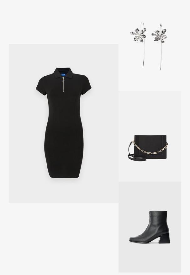 Černé upnuté polo šaty, krátké rukávy, zipový detail u krku, vyrobené z hladkého materiálu, s přizpůsobenou siluetou.; Černá kožená kotníková bota se čtveratým špičkou, bočním zipem a blokovým podpatkem na jednobarevném světlem pozadí.; Černá kožená crossbody taška s hladkým povrchem, obdélníkovým tvarem a kovovým řetízkem na přední straně. Součástí je nastavitelný popruh.; Stříbrné naušnice ve tvaru květiny s texturovaným povrchem, které mají dlouhé háčky a detaily v podobě okvětních lístků pro složitý design.