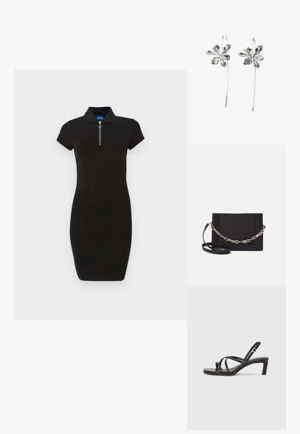 Musthave musta sobiv polo kleit, lühikesed varrukad, tõmbluku detail kaeluses, valmistatud siledast kangast, kohandatud siluett.; Mustast rihmajalatsid ruudukujulise varba ja madala ploki kontsaga. Omab mitmeid õhukesi rihmasid ja reguleeritavat pahkluu rihma. Valmistatud siledast nahast.; Mustast nahast õlakott, mis omab siledat tekstuuri, ristküliku kuju ning esiküljel metallketi detaili. Reguleeritav rihm on kaasas.; Hõbedased lillekujulised kõrvarõngad tekstureeritud viimistlusega, pikal konksul ja kroonlehtedetaoliste detailidega, moodustades keeruka disaini.