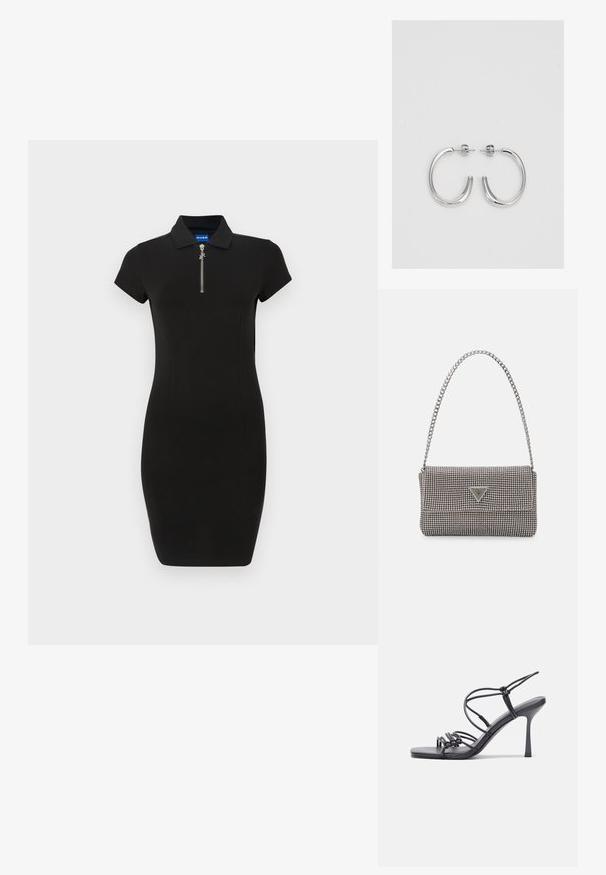 Musta tiukka polo-mekko, lyhyet hihat, vetoketjuyksitys kaulassa, valmistettu sileästä kankaasta, ja siinä on muotoiltu siluetti.; Mustat korkokengät sandaalit, joissa on ohuet hihnat solmittuna, sileä neliön muotoinen varvasosa ja tyylikäs stiletto-korko.; Vaalea harmaa metallinen käsilaukku, jossa on ketjusanka. Laukku on koristeltu pienillä pyöreillä metallikoruilla ja kolmion muotoisella brändilogolla.; Hopehopeet hopehopeet hopehopeet hopehopeet, jolla on sileä, kiiltävä pinta. Pyöreä muoto, kevyt rakenne, jossa on neulakiinnitys.