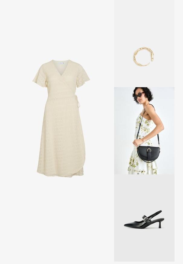 Kreemivärvi pitsist ümpärdund kleit lühikeste hõljuvate varrukatega, V-kaelusega ja külje sidumisega, midi pikkuses.; Musta patenttinaahkakengät, joissa on osoittava kärki ja pieni lohko korko, varustettuna hopeisella soljella hihnassa.; Musta nahkainen käsilaukku, joka on kaareva muotoilultaan, irrotettavalla hihnalla ja kultaisilla yksityiskohdilla. Laukussa on läppä, jossa on solk yksityiskohta.; Kultaketju, jossa on orgaaninen, kierretty muotoilu, sileä pinta ja cappatut päät, luoden modernin, veistoksellisen ilmeen.