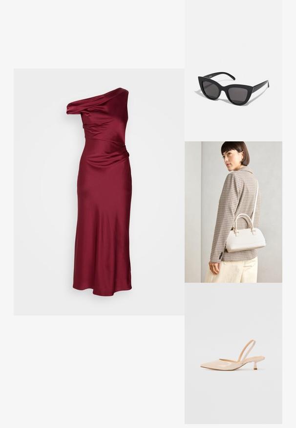 Burgunderfarget satinkleid med avkledd skuldre-design, rynket liv, og A-linje silhuett, som har en glatt tekstur og elegant drapering.; Beige patenterte lærremmer med spiss tå og slank, firkantet hæl. Glatt tekstur og minimalistisk design uten dekorasjoner.; Sorte katteau solbriller med mat finish, featuring grå tonede linser, skarpe vinkler og slanke sidearme. Merkenavn synlig på den indre armen.; Hvit strukturert håndveske med korte håndtak og skulderreim, med detaljer i gullfinish og teksturert materiale, vist mot en grå bakgrunn.