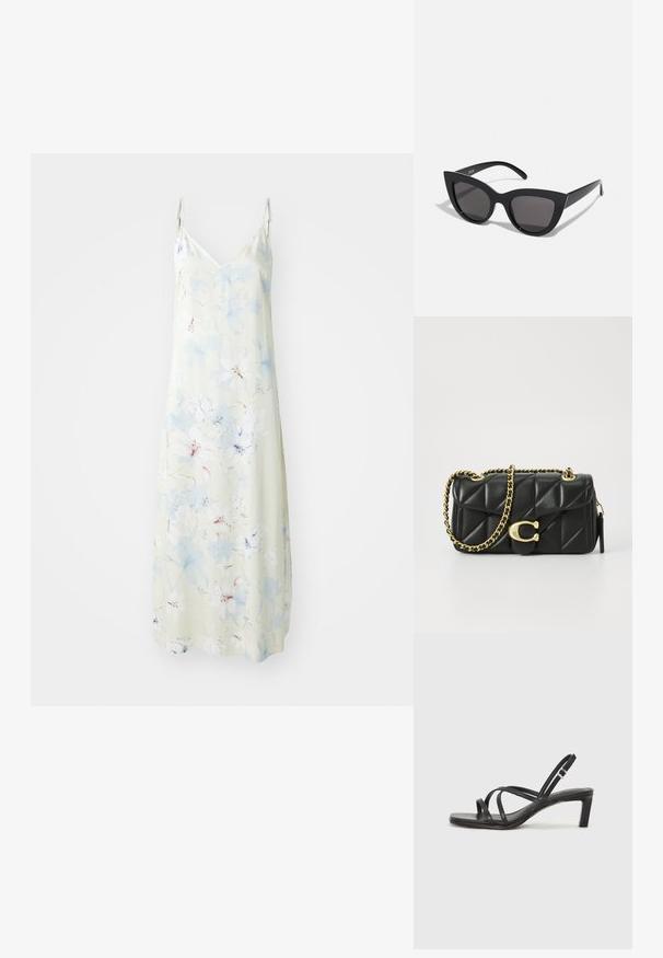 Lagani cvjetni haljinu s svijetlozelenom pozadinom, koja ima plave i bijele cvjetne uzorke, s naramenicama i srednjom dužinom.; Crne sandale s trakama, kvadratnim prstom i niskom blok petom. Ima više tankih trakica i podesivu trakicu oko gležnja. Izrađene su od glatke kože.; Crne mačkaste sunčane naočale s mat završnom obradom, sivo obojeni leće, oštri kutovi i elegantne bočne ručke. Ime brenda vidljivo na unutrašnjoj strani ručke.; Crna pravokutna torba od quiltane kože s zlatnim lančićem i kopčom na preklop koja ima okrugli akcent. Kompaktna pravokutna forma.