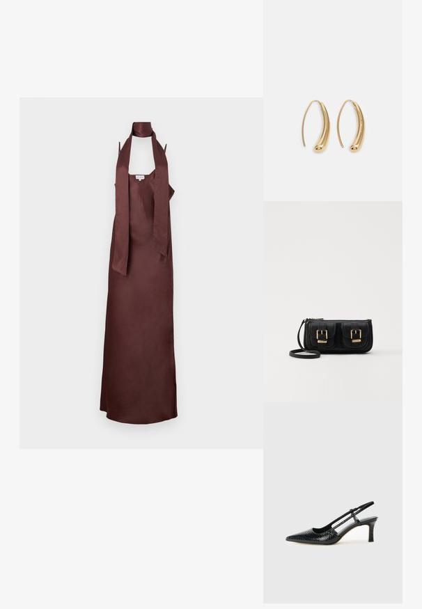 Lang, ermeløs kjole i dyp burgunder satin med halterneck og hengende stoffdetaljer, med en rett silhuett.; Sorte patent slingback hæl med spids tå, featuring tekstureret slangeskind, justerbar rem og en kort, tekstureret blokhæl.; Svart skinn crossbody veske med to frontlommer, gyldne spenner, glidelåslukking og en slank stropp. Teksturert overflate og kompakt rektangulær form.; Gullfargede metalløredobber med en buet, forlenget form. Har en jevn, blank overflate og en avrundet tupp for ekstra detaljer.
