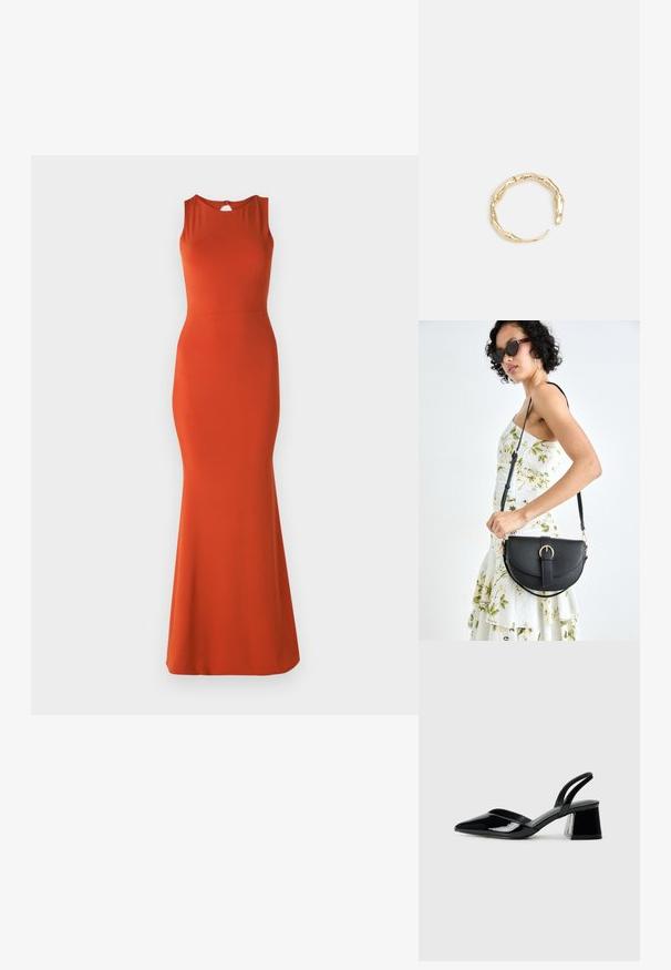 Oranž oblečenica brez rokavov s prilegajočo silhueto, dolžine do kolen in z detajlom odprtine na hrbtu. Narejena iz gladkega, raztegljivega materiala.; Črne lakirane slingback pete s koničastim nosom in geometrijsko blokasto peto. Imajo eleganten, minimalističen dizajn in gladko teksturo.; Črna usnjena torbica s ukrivljeno obliko, z odstranljivo naramnico in zlatimi dodatki. Torbica ima pokrov s podrobnostmi v obliki zaponke.; Zlati prstan s organskim, zvitim dizajnom, gladko površino in taperiranimi konci, ki ustvarja modernega, skulpturalnega videza.