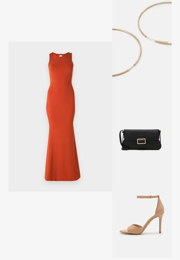 Oranžové bezramínkové šaty s přiléhavým střihem, délka ke kolenům a detaily na zádech ve tvaru klíčové dírky. Vyrobeno z hladkého, elastického materiálu.; ALDO CRERIDE PILLOW WALK - Páskové sandály - beige; Černá kožená psaníčko s klopou a zlatým kovovým detailním sponou. Součástí je černý popruh a elegantní, minimalistický design.; Zlaté kruhové náušnice, tenké a kulaté, s hladkým kovovým povrchem a bez zdobení či vzorů.