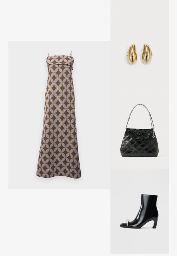 Dlhé hnedé šaty s bielym kruhovým vzorom, s tenkými ramienkami a rovnou výstrihom. Vyrobené z ľahkého materiálu, dĺžka až po zem.; Čierne členkové topánky vyrobené z lesklej kože, s ostrou špičkou a dekoratívnym zlatým a strieborným akcentom vpredu. Dizajn na blokovom podpätku.; Čierna prešívaná kožená kabelka so strieborným retiazkovým uchom, ktorá má štruktúrovaný dizajn a hladkú textúru.; Náušnice zlatého odtieňa s plynulým, zakriveným dizajnom. Každá náušnica má hladký povrch a malú sponu s dekoratívnym prvkom.