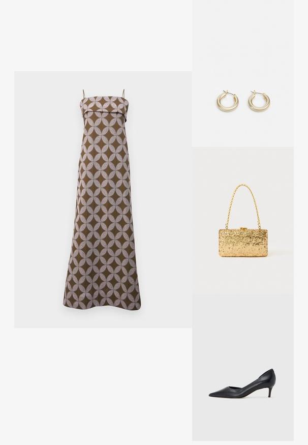 Dlhé hnedé šaty s bielym kruhovým vzorom, s tenkými ramienkami a rovnou výstrihom. Vyrobené z ľahkého materiálu, dĺžka až po zem.; Čierny kožený lodička s špičatou špičkou a nízkym opätkom. Má hladkú textúru a jemný lesk. Vpredu je otvorený výrez pre zvýraznenie detailu.; Zlatá flitrová listová taška s obdĺžnikovým tvarom, vybavená skrúteným reťazovým držadlom a kovovým uzatváraním, odrážajúca svetlo s textúrovaným povrchom.; Lauren Ralph Lauren BASIC SMALL HOOP - Náušnice - gold-coloured