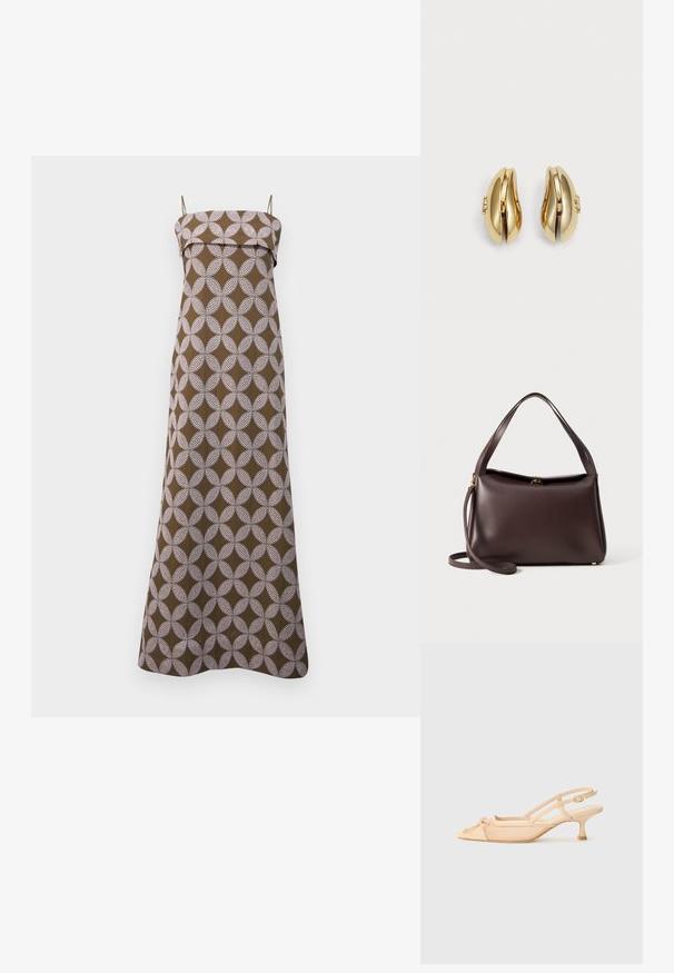Dlhé hnedé šaty s bielym kruhovým vzorom, s tenkými ramienkami a rovnou výstrihom. Vyrobené z ľahkého materiálu, dĺžka až po zem.; Stuart Weitzman KITTY - Klasické lodičky na opätku - beige/barely beige; Hnedá kožená kabelka so štruktúrovaným tvarom, s jedným horným uchom a odnímateľným ramenným popruhom. Detail v zlatej farbe.; Náušnice zlatého odtieňa s plynulým, zakriveným dizajnom. Každá náušnica má hladký povrch a malú sponu s dekoratívnym prvkom.