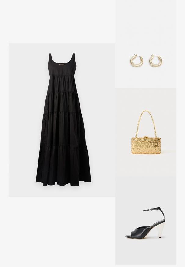 Fekete maxi ruha lekerekített nyakkivágással és tiered (többrétegű) dizájnnal. Puha anyagból készült, ráncolt varrásokkal és folyékony vonalvezetéssel.; Fekete bőr magassarkú szandál nyitott orral, aszimmetrikus dizájnnal, bokapánttal és fémes kúpos sarokkal. Az anyag sima textúrájú.; Arany flitteres clutch táska, téglalap alakú, csavart lánckarabinerekkel és fém záródással, mely fényt tükröz a textúrált felületének köszönhetően.; Lauren Ralph Lauren BASIC SMALL HOOP - Fülbevalók - gold-coloured
