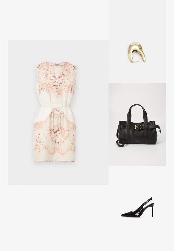 Rochie fără mâneci brodată cu flori, de culoare crem, având decolteu în V, talie cu cordon și tiv ondulat cu detalii roz și modele ornate.; Pantofi cu toc slingback din piele lacuită neagră, cu vârf ascuțit și toc stiletto. Prezentând un design cu decupaje și curea ajustabilă cu accesorii metalice.; Geantă de mână din piele neagră, cu un design structurat, mânere superioare duale, accent cu cataramă aurie și logo-ul brandului embosat în față.; Cercei din metal de culoare aurie cu un design elegant și curbat. Prezintă o formă distinctivă, ascuțită, o suprafață lustruită și un sistem de închidere cu balama.