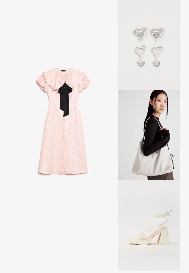 Vestido midi floral em rosa claro com mangas bufantes, colarinho oversized, botões frontais e laço preto no decote.; Sandálias brancas de salto alto com um salto robusto, apresentando um design com tiras e amarração no tornozelo. Textura suave com uma plataforma na frente para altura adicional.; Uma bolsa bege feita de material macio, com um design descontraído, detalhes de costura e duas alças para o ombro. Adequada para uso diário.; Os brincos em forma de coração prateados apresentam pedras claras facetadas, com uma moldura texturizada. O conjunto inclui estilos de botão e de gota.