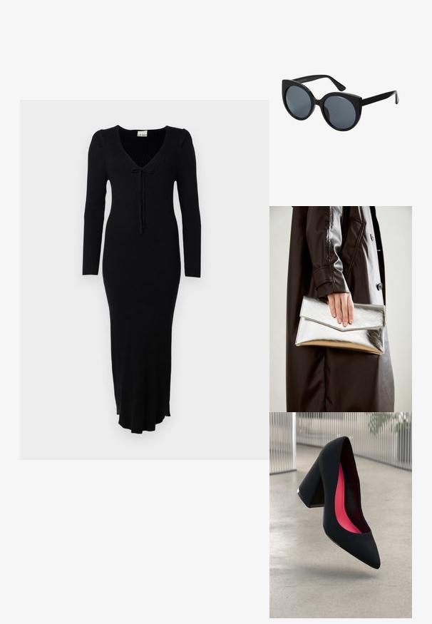 Svart ribbestrikket kjole med lange ermer, v-hals og sløyfe detaljer foran. Har en tettsittende design og en utsvingt kant.; Svart høye hæler med spiss tå, teksturert overflate og en livlig rosa innside. Har en kraftig hæl med sølvdetaljer.; Sorte oversized solbriller med katteøye-form, mørkt tonede linser og blank plastikkinnramme. Har tykke stenger for støtte.; Sølv metallisk clutch med et vinklet konvoluttdesign, glatt tekstur og kontrastfarge på innsiden, holdt i en hånd iført en svart kåpe.