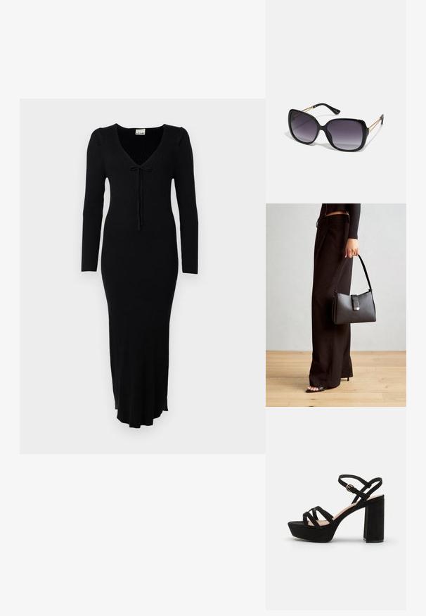 Μαύρο πλεκτό φόρεμα με ρίγες, μακριά μανίκια, και V-ανοιχτό λαιμόκοψη, με λεπτομέρεια φιόγγου στο μπροστινό μέρος. Διαθέτει εφαρμοστή γραμμή και φαρδύ τελείωμα.; Μαύρες σουέντ σανδάλες με πλατφόρμα και τετράγωνο τακούνι, με διασταυρούμενες λουρίδες και ρυθμιζόμενο λουρί στον αστράγαλο για ασφαλή εφαρμογή.; Μαύρα υπερμεγέθη γυαλιά ηλίου με κλειστή βαθμίδα φακού, παχιά σκελέτη και λεπτομέρειες από χρυσή αλυσίδα στις βραχίονες του σκελετού.; Μαύρη τσάντα χειρός με δομημένο σχήμα, λεία υφή και μεταλλικό κούμπωμα. Συνδυασμένη με φαρδιά μαύρα παντελόνια και σανδάλια ανοιχτής μύτης πάνω σε ξύλινο πάτωμα.