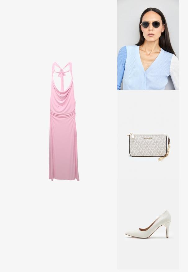 Robe sans manches rose en tissu doux, dotée d'un col drapé, d'une taille froncée et d'un détail croisé au dos avec un lien.; Chaussure à talon haut en cuir verni blanc avec un bout pointu et une surface lisse, dotée d'un talon fin et d'une découpe basse autour de l'ouverture.; Lunettes de soleil rondes avec verres sombres et monture en or. Le modèle porte un cardigan à côtes bleu clair avec des boutons et des manches blanches contrastantes.; Porte-monnaie Michael Kors en toile enduite beige avec un motif répété de logo MK, des accessoires en or et une bandoulière en chaîne amovible.