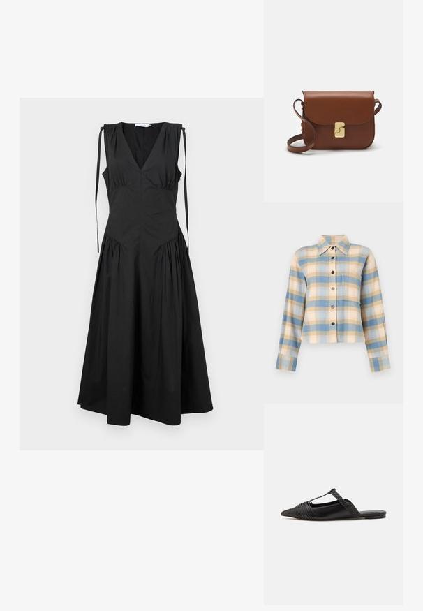 Proenza Schouler White Label Rochie de zi - black; Cămașă în carouri cu guler structurat, având modele în nuanțe de albastru, bej și roz, mâneci lungi și nasturi negri pe față.; Pantofii din piele neagră cu curea la spate au vârful ascuțit, prezentând un accent țesut și un design superior pliat. Talpa joasă cu hardware minim.; Geantă de piele maro cu închidere tip capac, accesorii de culoare aurie, curea de umăr și o textură netedă. Formă compactă și rectangulară.