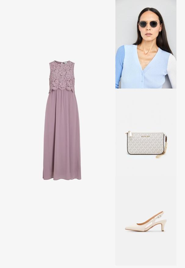 Maxi šaty v tlumené levandulové barvě, s krajkovým korzetem a bezrukávovým designem. Plynoucí látka s jemným leskem a detaily staženého pasu.; Bílé lodičky na podpatku s špicatou špičkou, hladkým svrškem, nízkým blokovým podpatkem a designem s bočním výřezem se stahovací sponou.; Kulaté sluneční brýle s tmavými čočkami a zlatými rámy. Modelka má na sobě světle modrý žebrovaný kardigan s knoflíky a kontrastními bílými rukávy.; Kabelka na zápěstí Michael Kors v béžové potažené plátno s opakujícím se vzorem loga MK, zlatými kovovými doplňky a odnímatelným řetízkovým popruhem.