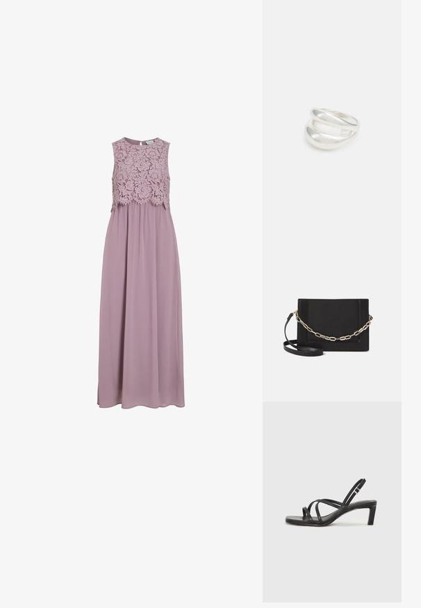Maxi kleita blāvā lavandas krāsā, ar mežģīņu piedurkni un bez piedurknēm. Plūstoša auduma ar maigu spīdumu un sašūtu vidukļa detaļu.; Melnas strappy sandales ar kvadrātveida purngaliem un zemu bloku papēdi. Ievērojamas ar vairākiem plāniem siksniņām un regulējamu potītes siksniņu. Izgatavotas no gludas ādas.; Melna ādas crossbody soma ar gludu faktūru, taisnstūrveida formu un metalizētu ķēdes detaļu priekšā. Iekļauta regulējama siksna.; Sudraba divu joslu gredzens ar gludu, pulētu virsmu. Iezīmējas ar plūstošu, izliekta dizaina struktūru ar pārklājošām sekcijām modernam izskatam.
