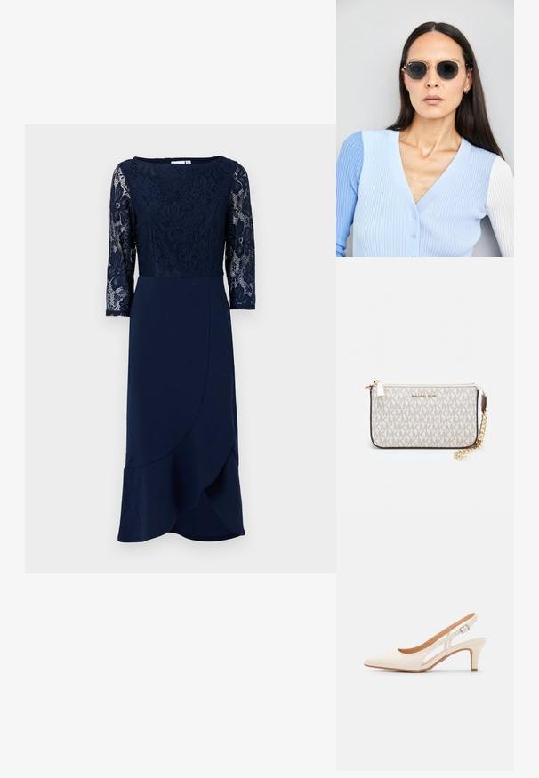Tengerész kék ruha csipke háromnegyedes ujjakkal és virágmintákkal, amelynek feszített melle van, drapált szoknyával és aszimmetrikus aljjal.; Fehér slingback sarok, hegyes orral, sima felső anyaggal, alacsony blokk sarkával és oldalsó kivágott dizájnnal, állítható csatpánttal.; Kerek napszemüveg sötét lencsékkel és arany kerettel. A modellen világoskék, bordázott kardigán van gombokkal és kontrasztos fehér ujjaival.; Michael Kors bézs bevonatos vászon karkötő, amely ismétlődő MK logó mintával, aranyszínű fémrészletekkel és levehető lánchordóval rendelkezik.