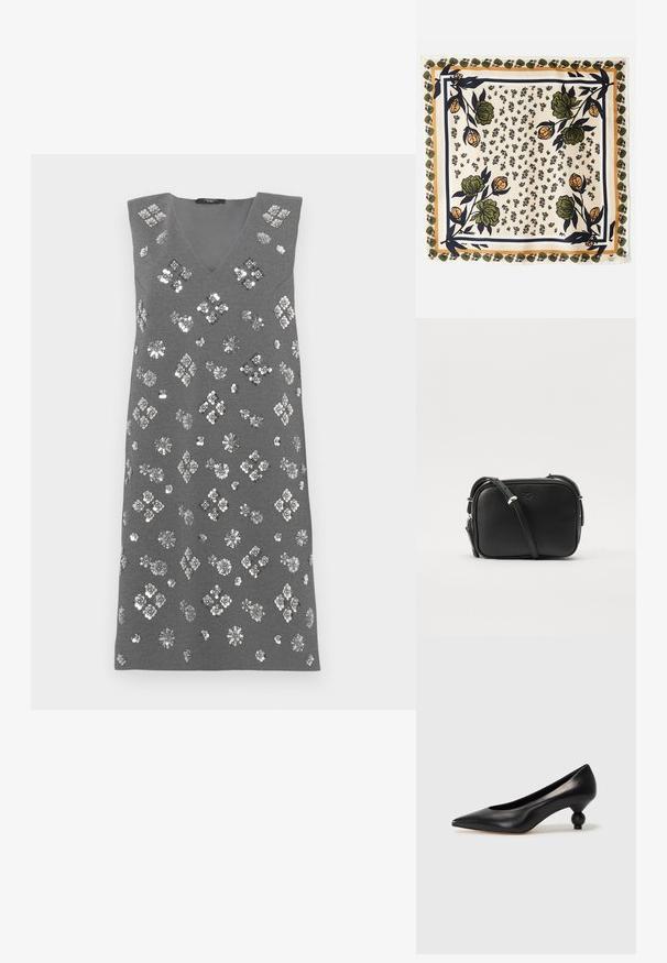 Pelēks bezpiedurkņu kleitas modelis ar V-veida kakla izgriezumu, rotāts ar sudraba pērļu akcentiem, kas veido ziedu un dimanta rakstus visā audumā.; Melnas ādas augstpapēžu kurpes ar smailu purngalu un apaļu papēdi. Gluda tekstūra ar elegantu, minimālistisku dizainu.; Zīda šalle ar krēmkrāsas fonu un ziedu rakstiem zaļā un oranžā krāsā. Iekārtota ar rakstainu maliņu ar zaļiem akcentiem.; Melnas ādas plecu somiņas ar taisnstūra dizainu, sudraba aparatūras akcenti, regulējams siksna un diskrēts izsistās logo elements.