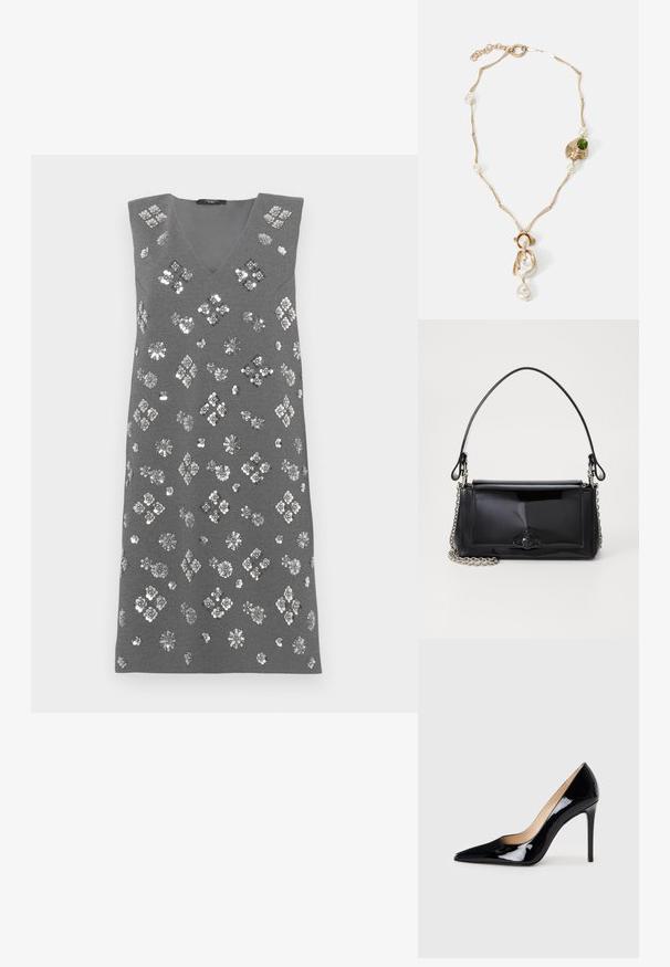 Hallita ilmaõlapaeltega hall kleit V-dekoltee ja hõbedaste litritega, mis on kaunistatud lille- ja teemantimustritega kogu kangal.; Must matte musta kõrge kontsaga king, millel on terav varvas ja sujuv siluett. Omab sileda, läikivat viimistlust ja sale stiletto konts.; Mustmust mustkott mustmust mustkott, millel on ristkülikukujuline kuju, kettstrap ja silmapaistev viimistlusaktsent keskel. Sile tekstuur.; Kuldne kaelakee keerutatud linkidega, valgete pärlitega ja rohelise kivi aktsendiga. Omab keerukaid detaile ja klambrit kinnitamiseks.