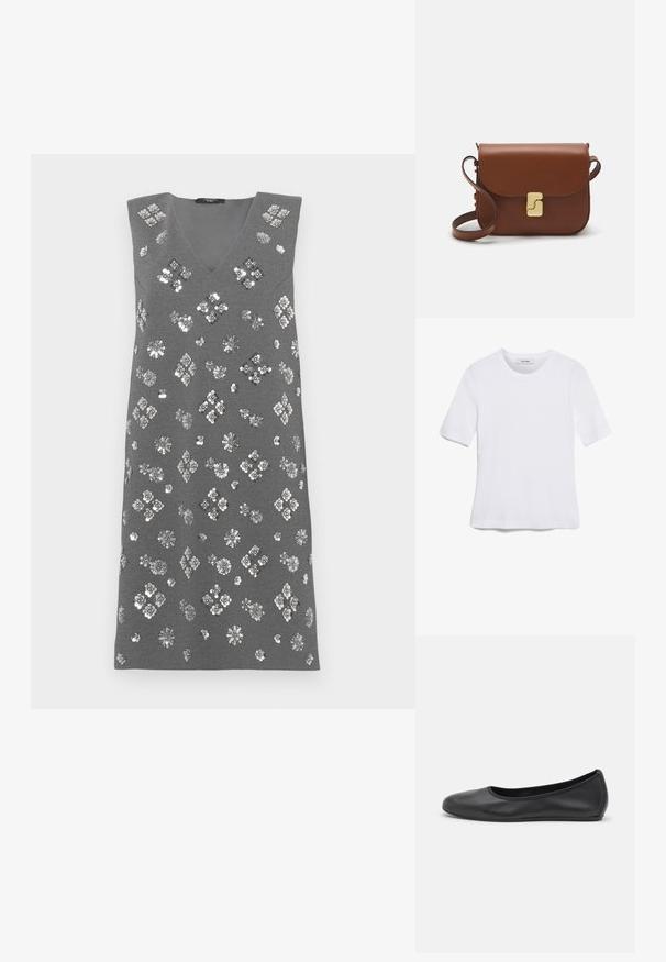 Robe sans manches grise avec décolleté en V, ornée de sequins argentés formant des motifs floraux et en diamants sur le tissu.; T-shirt blanc à manches courtes en tissu côtelé. Col rond, coupe régulière et détails de couture subtils. Aucune motif ni graphique.; Ballerines en cuir noir avec un bout rond, texture lisse, détails de couture minimalistes et design de semelle flexible.; Sac à main en cuir marron avec une fermeture à rabat, des accents en métal doré, une bandoulière et une texture lisse. Forme rectangulaire compacte.