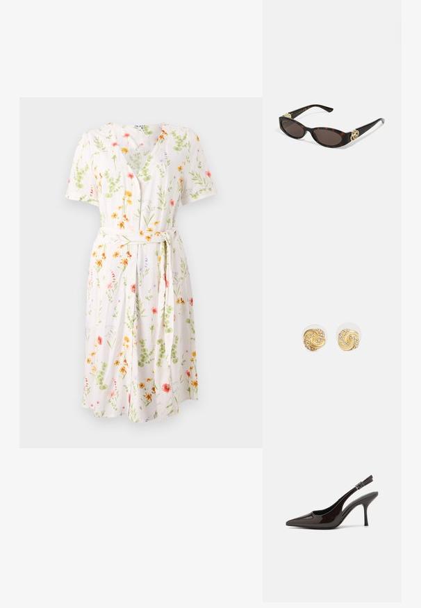 Lillelillelise kleit, millel on V-kaelus, lühikesed varrukad ja vöökoht. Valmistatud kergest kangast, millel on kreemjas taust ja värvilised lilled.; Kare kõrge kontsaga king, läikiv tumepruun lakknahast, terava nina, avatud külgedega ja reguleeritava pahkluuringiga.; Kilpkonnakilbi stiilis prillid piklik-ovaalsete läätsede, pruunika tooniga, kuldsete logo aktsentidega templitel ja elegantsed mustad varred.; Kuldne spiraalidega kõrvarõngad selgete tagustega, mis sisaldavad tekstureeritud kuldseid aktsente ja väikeseid selgeid vääriskive disainis.