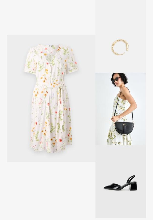 Cvečni plašč z V-izrezom, kratkimi rokavi in pasom. Narejen iz lahkotnega materiala z kremno ozadje in barvnimi cvetovi.; Črne lakirane slingback pete s koničastim nosom in geometrijsko blokasto peto. Imajo eleganten, minimalističen dizajn in gladko teksturo.; Črna usnjena torbica s ukrivljeno obliko, z odstranljivo naramnico in zlatimi dodatki. Torbica ima pokrov s podrobnostmi v obliki zaponke.; Zlati prstan s organskim, zvitim dizajnom, gladko površino in taperiranimi konci, ki ustvarja modernega, skulpturalnega videza.